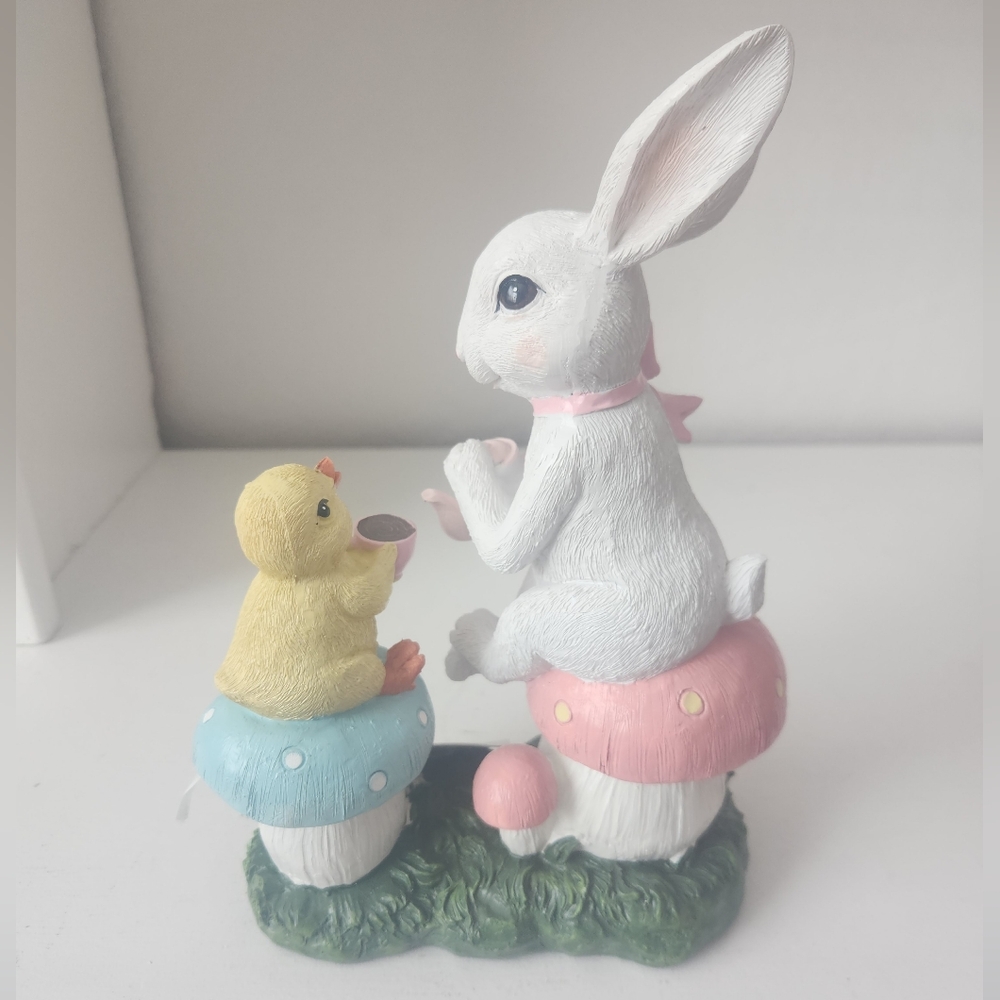 White Rabbit and Yellow Chick Sitting On Mushrooms Having Tea Figurine Resin - Picture 7 of 10
